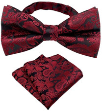New Mens Pre-Tied adjustable Bow Tie Paisley Red Black Silk Bowtie Hanky Party