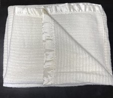 Vintage Waffle Weave Satin Trim White Acrylic Blanket 90X90 In