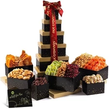 Dried Fruit & Nut Gift Basket Black Tower with Red Ribbon, 12 Piece Assortment