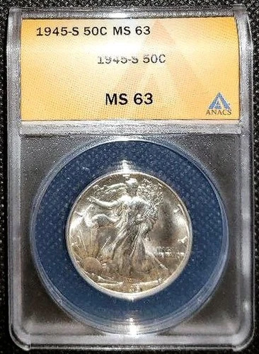 1945-S Walking Liberty Half Dollar, ANACS MS63, 90% SILVER