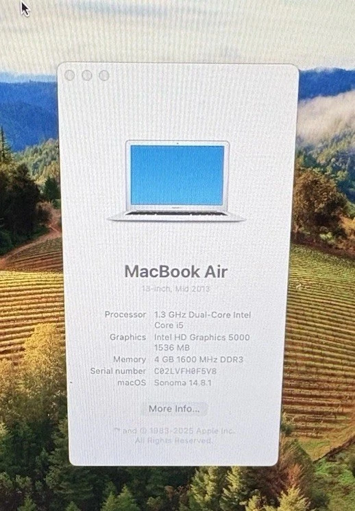 Apple MacBook Air 13 Mid 2013 128GB SSD, I5, 4GB RAM Mac OS Big Sur - Image 2 of 4