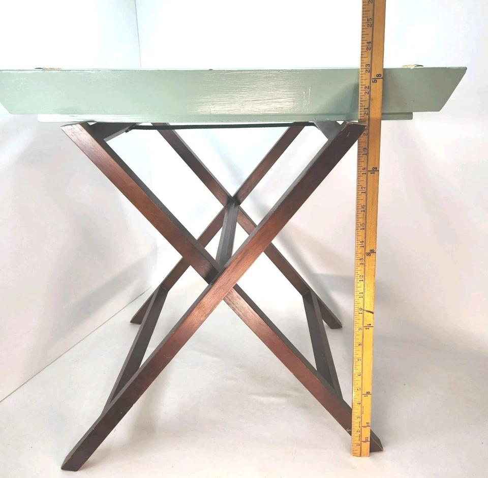 VTG Butler's Tray Table Rattan Top Real Wood Legs Sage Green Serving Tea Table - Image 4 of 4