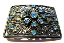 Filigree Belt Buckle with Faux Aquamarine Jewels Silver-tone