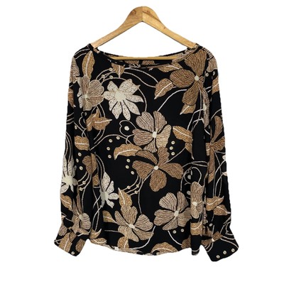 CHICO S Size 3 US XL Billow Sleeve Blouse Black & Tan Bold Floral Blouse NEW