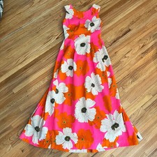 Vtg 60s True Hawaiian Hukilau Maxi Dress HOT Pink WATTEAU Pleats BARKCLOTH Small