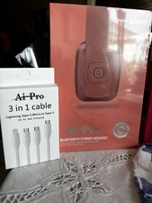 AI-Pro. 200 Plus Bluetooth Stereo Headset w/Case. A-I Pro 3-1 Cable Included New