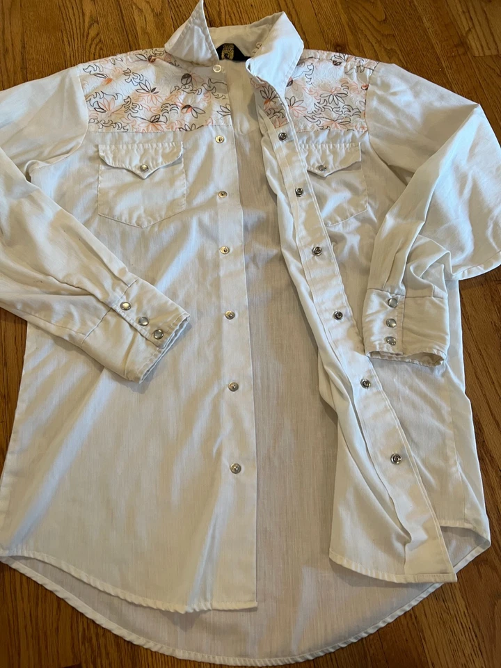 VTG Sears Western Rodeo Embroidered Floral Shirt Size Large White Pearl Snap - Image 3 of 4