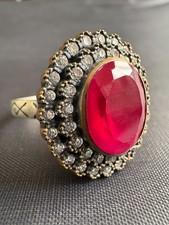 Vintage 925 Sterling Silver Cocktail Ruby Ring Clear Accent Stones Size 9 US