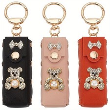 1bag 3pcs 3 colors PU Leather  Plastic Pearl  Rhinestone Lipstick Holder