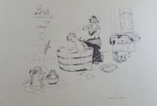 Vintage Kohler Original Print 1950s Bathroom Art Wash Tub Scene Matted M12