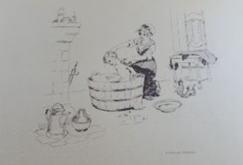 Vintage Kohler Original Print 1950s Bathroom Art Wash Tub Scene Matted M12
