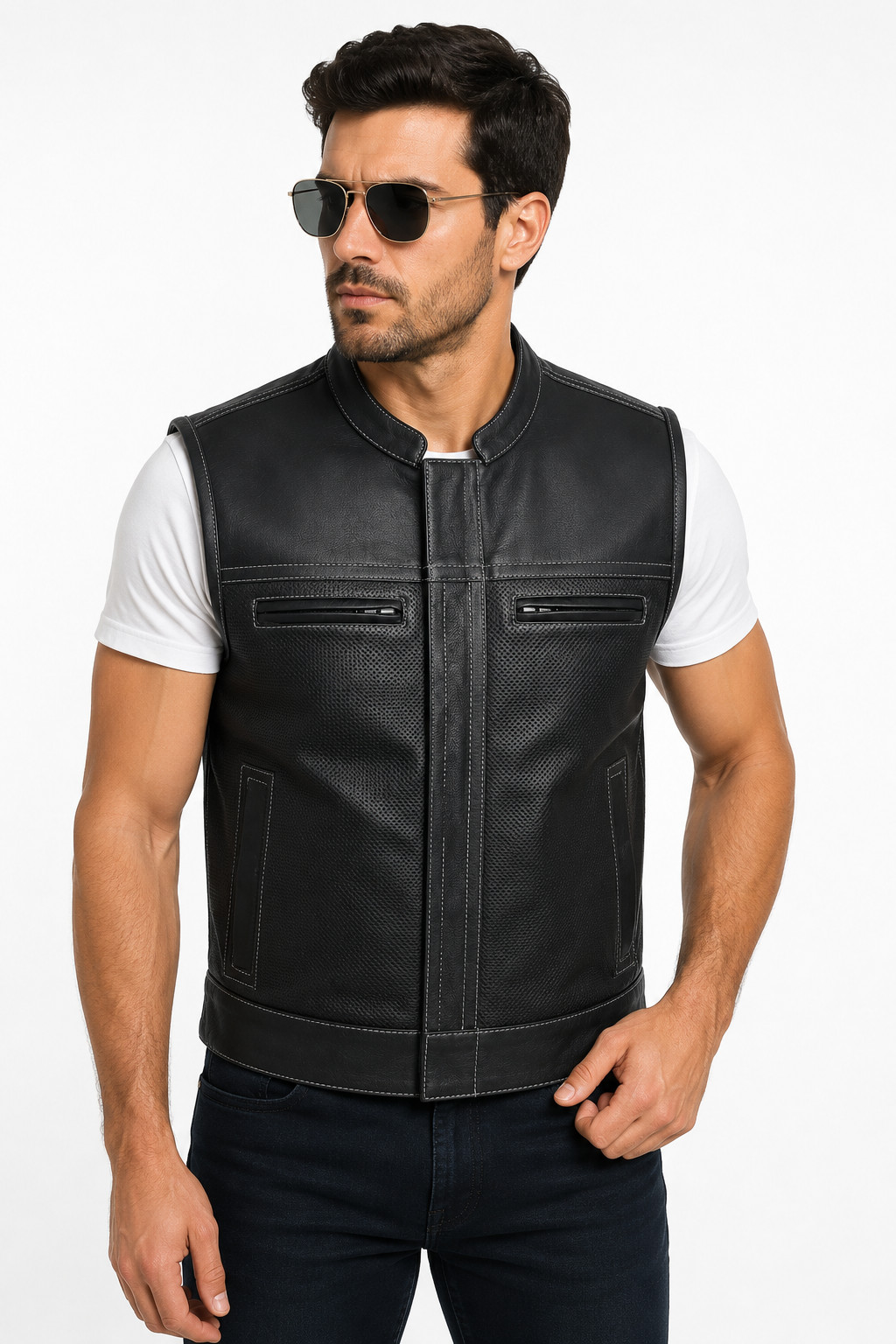 SOA Style Men’s Black Genuine Leather Motorcycle Vest Cafe Racer Biker Waistcoat