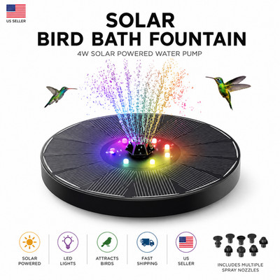 4W Solar Fountain Pump for Bird Bath with LED Lights Outdoor Water Feature