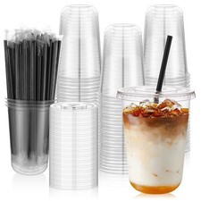 100 Set 16oz Clear Round Bottom Plastic Cups with Lids and Straws White Soda Bar