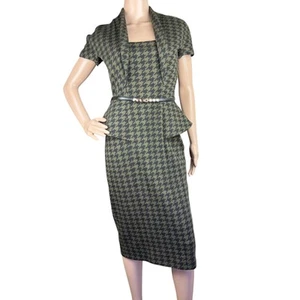 Robe fourreau Gucci vert olive pied de poule manches courtes col carré péplum M