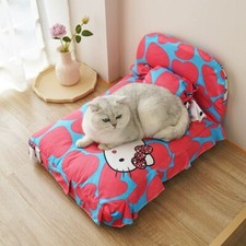 New S-M Pink Pet Dog Cat Bed Frame Mattress Pillow Cushion Hello Kitty Princess