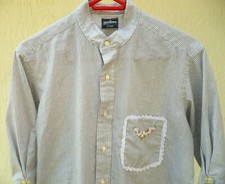 VTG BURDINES USA L WOMENS COTTON GRAY PIN STRIPED PINK EMBROIDERED POCKET BLOUSE