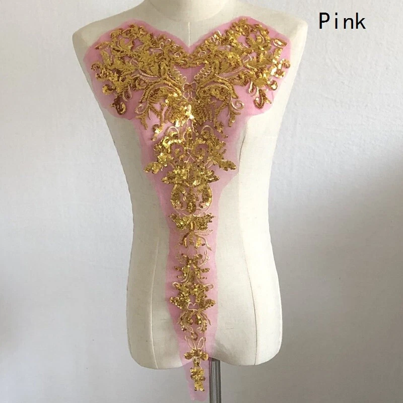 Gold Sequin Flower Lace Applique Trims Patches DIY Wedding Crafts Sew On Shiny - Image 4 of 4