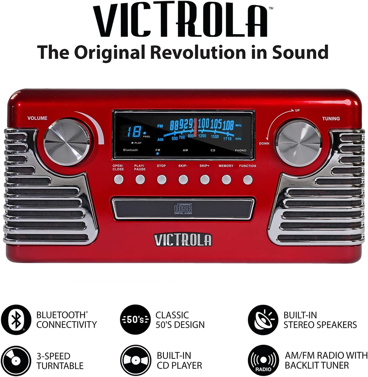 Record Player Bluetooth Retro Red w/ CD Player Stereo