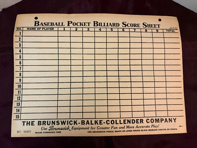 Vintage Brunswick-Balke-Collender Baseball Pocket Billiard Score Sheet - Image 1 of 3
