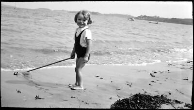 Little Girl Beach With Landing Net Board Lake- - 3 Antique Negatives Photo On. 1920
