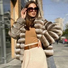 Elegant Women Chinchilla Genuine Rex Rabbit Fur Coat Winter Warm Real Fur Short