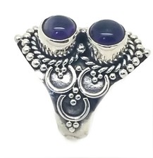 New 925 Sterling Silver Balinese Ring with 2 Dark Purple Amethyst Gemstones