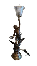 antique spelter figural newel post lamp boy w/ eagle