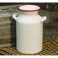 Farmhouse RED Rim Enamel MILK CAN WHITE Country Kitchen Utensils Flower Bucket