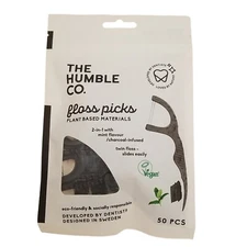 The Humble Co. Plant-Based Twin Floss Picks Mint Flavor-Charcoal Infused 50 PCS