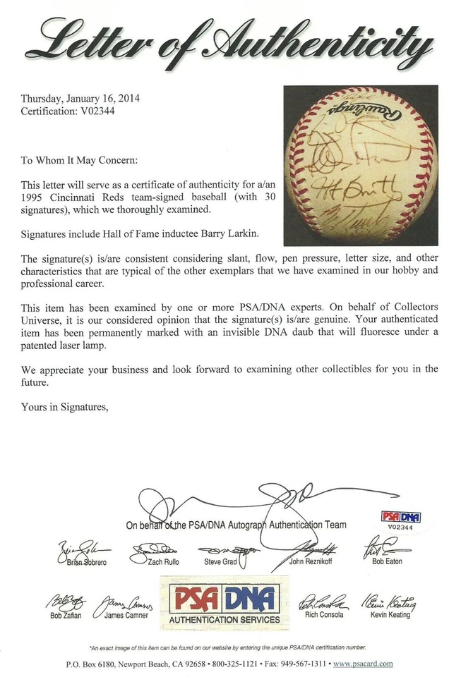 1995 Reds Team 30x Signed Baseball PSA/DNA LOA w Barry Larkin Deion Sanders Rijo - Image 2 of 4