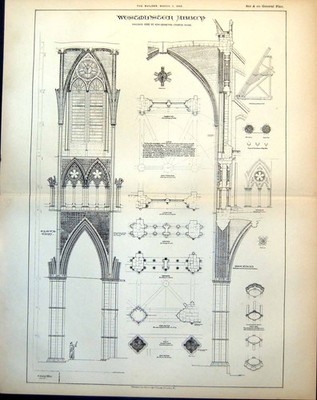 Antiker Druck Westminster Abbey Second Bay North Side Elevation Pläne 1885