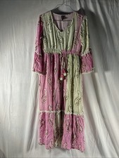 ANTHROPOLOGIE Me to magic Maxi Dress Pink Green Paisley V-Neck 3/4 Bell Ruffle L