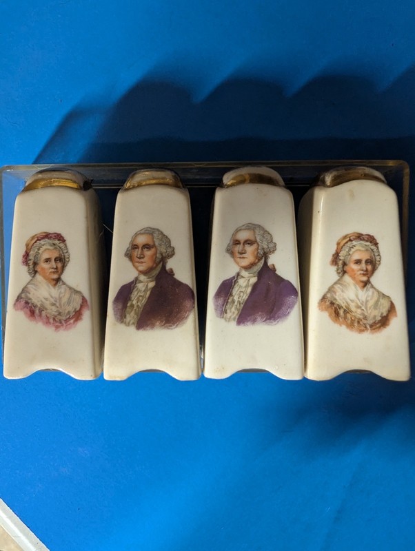 Vintage Hand Painted Ceramic George & Martha Washington S&P Shakers 4pc