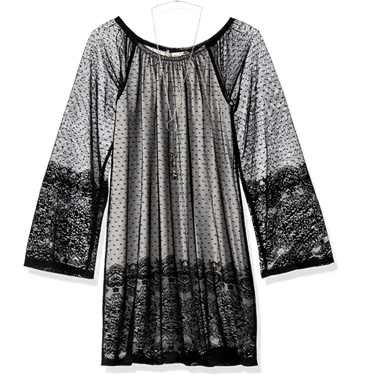 Speechless Girls' Knee Length Boat Neck Lace Mesh Polka Dot Dress + Necklace 16