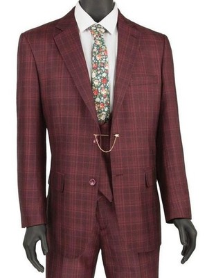 Vinci Men's Regular Fit Glen Plaid 2-Button 3-Piece Suit Burgundy
