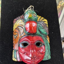 VINTAGE HAND CARVED PAINTED WOOD GOD TIKI MASK WALL HANGING 5
