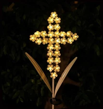 White Cross Garden Stake Solar Lights Metal Hydrangea Cross Stake Memorial Gi...