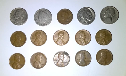 Indian Cent, Buffalo, V-Nickel, Jeffersons, Wheat Cents Lot of 15 Coins.