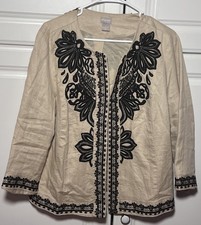 CHICO'S Tan/Black Embroidered BOHO Linen Artsy Jacket Size 2 10/12 