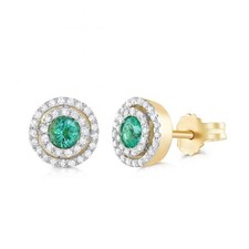 9ct Yellow Gold Emerald and 0.25ct Diamond Stud Earrings Double Halo Hallmarked