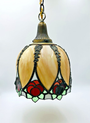 Art Deco 8 Paneled Caramel Slag & Stained Glass Tulip Hanging Pendant Lamp 14''
