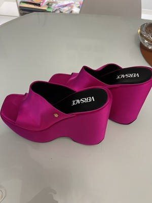 Versace Hot Pink Satin Platform Mule Sandals Medusa Heel EU 41 US 10