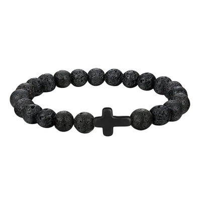 Naturstein Holzperlen Armband mit Hämatit Kreuz Onyx Yoga DE.