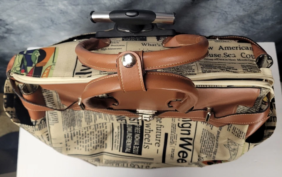Vintage Style Rolling Tote Bag Travel Luggage Newspaper Print - Image 4 of 4