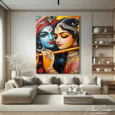 Radha Krishna Painting Print Hindu Wall Art Indian Canvas Spiritual Wall Decor