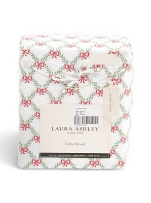 LAURA ASHLEY QUEEN Bow Lattice Sheet Set Red Bows / Green Christmas Pattern NEW