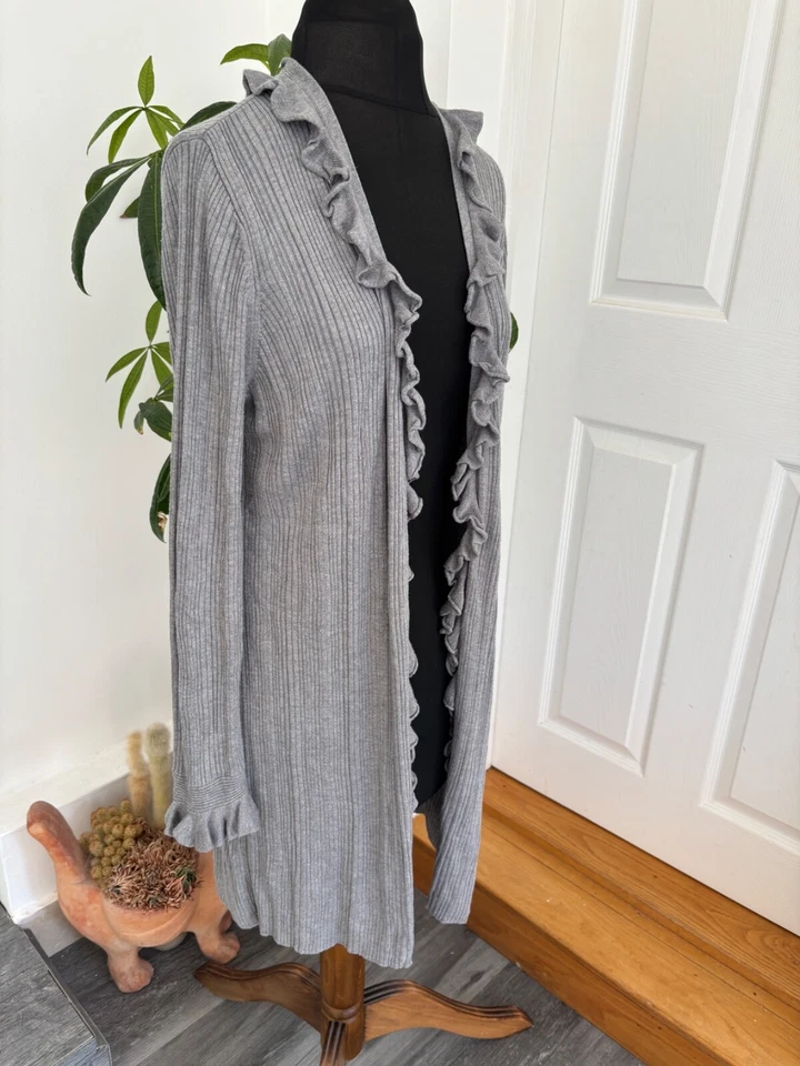 M&S Per Una Long Length Cardigan Women's Size 16 Grey Ribbed Frill Open Front — 第 4/4 张图片