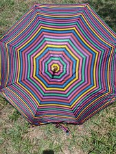 Vintage TOTES Umbrella Full Sized Striped Silver Lucite Handle