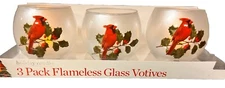 Christmas Cardinals Flameless Glass Votives Led Tea Lights Flickers & Glows